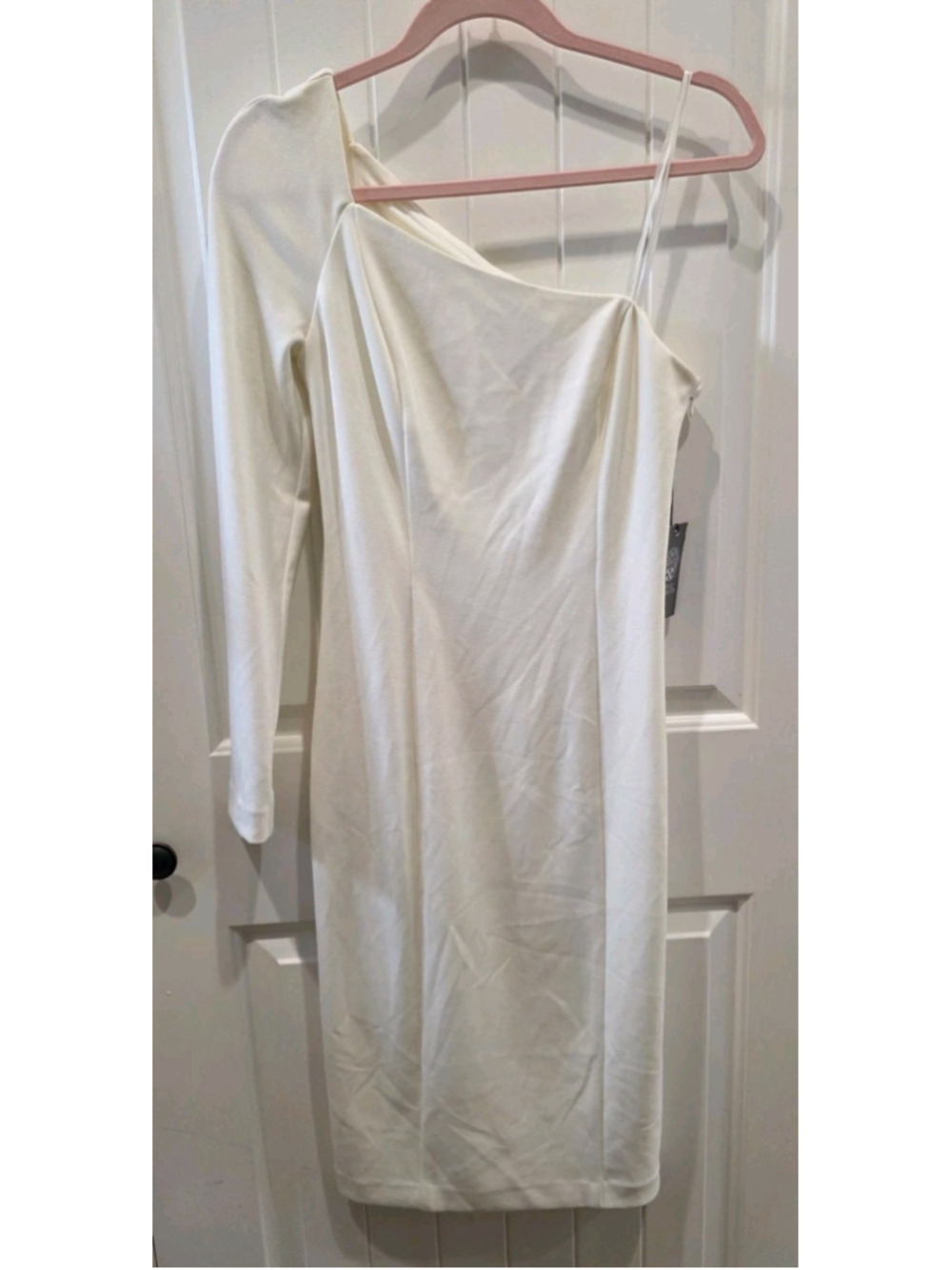 Vince Camuto One Shoulder Off White Bodycon Dress Sz 6 NWT Long Sleeve Midi Read - Picture 3 of 11